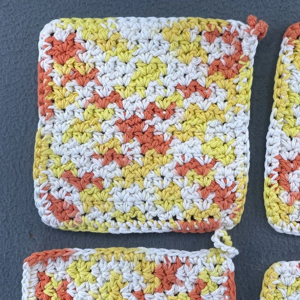 Handmade Crochet Pot Holders Cotton Yellow Orange Set of 4 Farmhouse Cottagecore